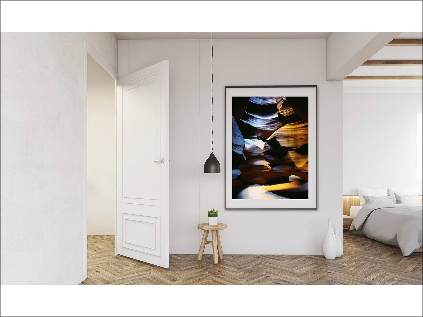 Framed photo of Antelope Canyon in bedroom, Arizona, USA