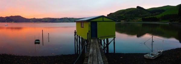 New Zealand Landscape Photography Quiet Morning. Boat shed at sunrise, Otago Peninsula, New Zealand