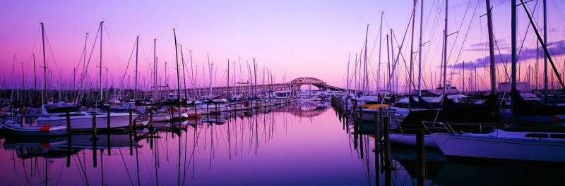 Westhaven Splendour, Westhaven marina with lovely dawn light and reflections of yachts and Auckland Harbour bridge.