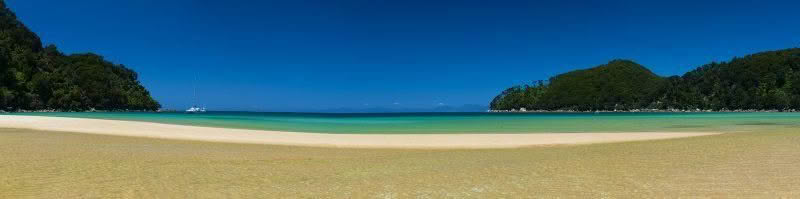 Bark Bay. Beach, clean water and blue sky in Abel Tasman National Park