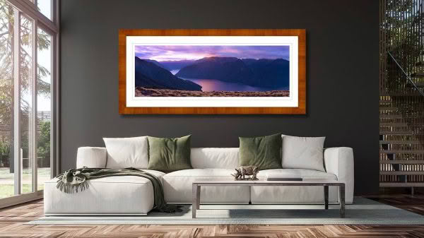 New Zealand Landscape Photography. Lake Te Anau at dusk with pink sky and Murchison Mountains