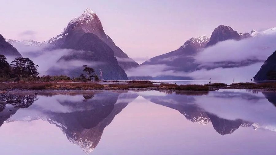 Milford Sound at dawn with clouds, reflected in water