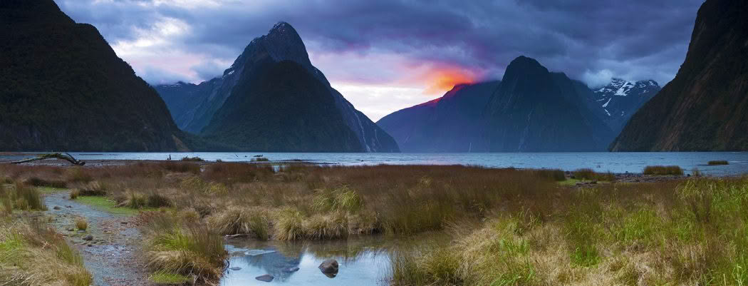 New Zealand landscape photography, Milford Sound at dusk with stunning light, Fiordland New Zealand