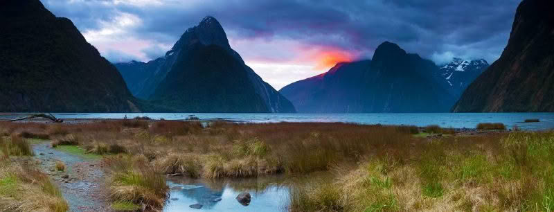 Milford Sound at dusk with dramatic light, Fiordland New Zealand