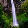 Bridal Veil Falls, Waikato near Raglan. Waterfall cascading down into a pool at the bottom with lush forest surrounds