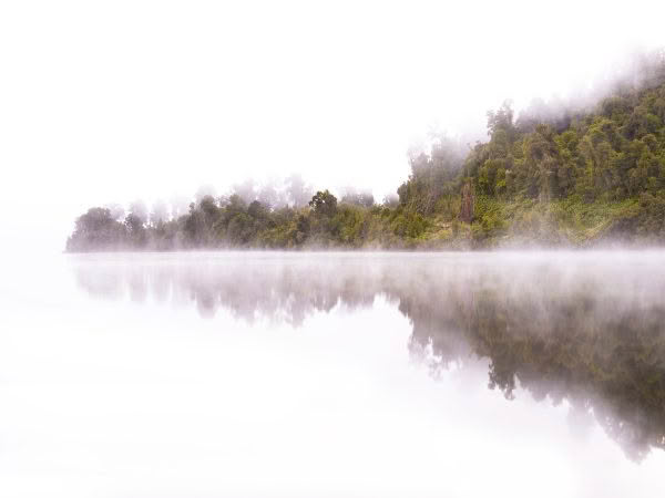Lake Mapourika on the West Coast of the South Island, with morning mist creating an eerie and calm scene