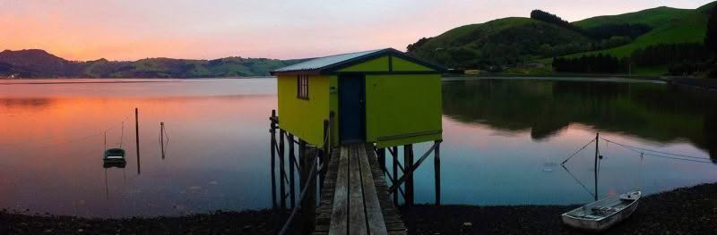Quiet Morning. Boat shed at sunrise, Otago Peninsula, New Zealand