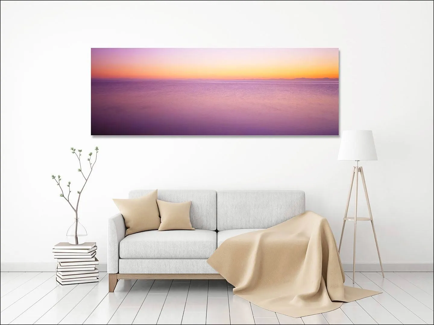 Photograph of Totaranui Beach at dusk in Abel Tasman National Park displayed in a living room setting