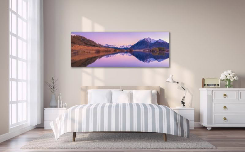 Dawn Stillness fine art print displayed on a bedroom wall