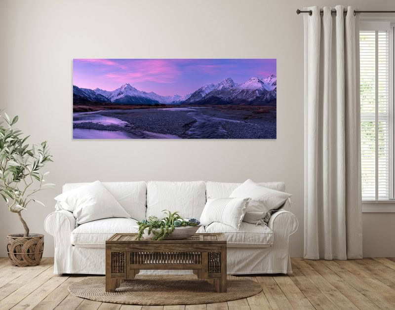 Aoraki Mount Cook landscape photography print displayed on a living room wall