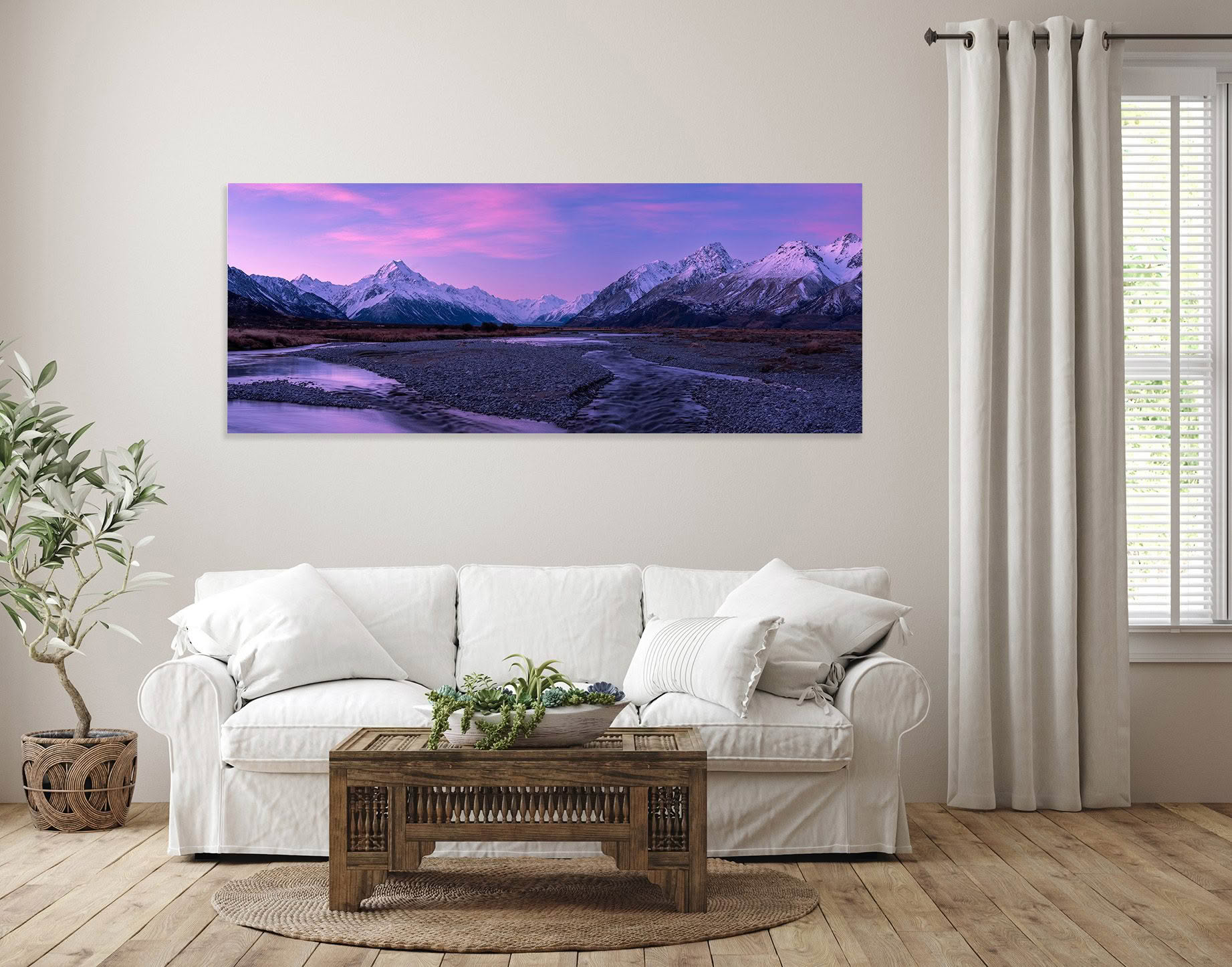 Aoraki Mount Cook landscape photography print displayed on a living room wall