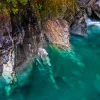 Turquoise water and submerged rock formations at Blue Pools, Haast Pass, New Zealand