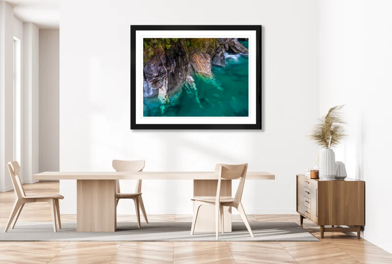 Blue Pools fine art landscape print displayed in a contemporary interior