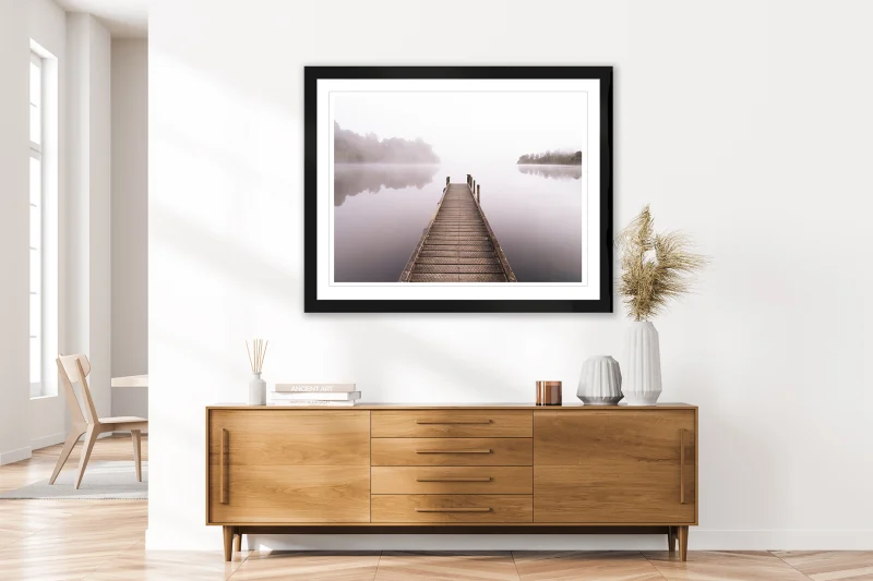 Lake Mapourika fine art landscape print displayed in a contemporary interior