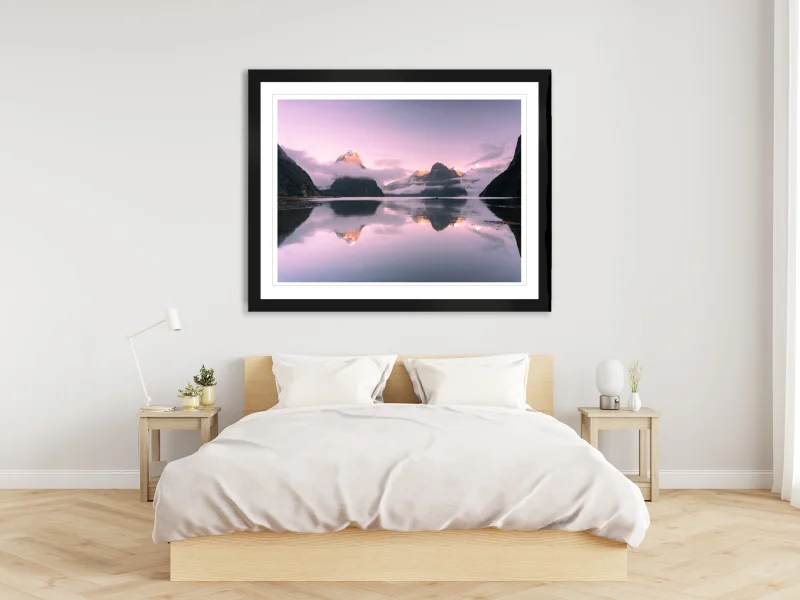 Milford Dawn fine art landscape print displayed in a contemporary interior