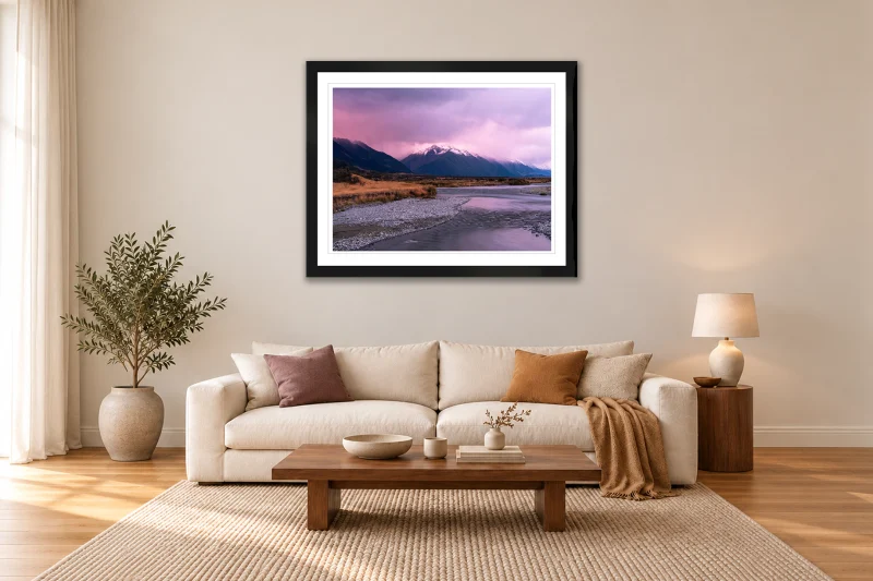 Tasman Valley Glow fine art landscape print displayed in a room setting.
